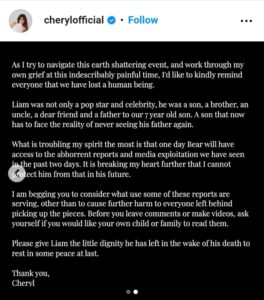 Cheryl Begs Public to Consider Her and Liam Payne's Son Bear, 7, in Aftermath of Singer's Death: 'Breaking My Heart'.....full details below 